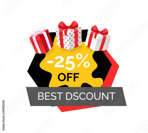 Best discount and products, 25 percent sale isolated banner vector. Present boxes bought in shops and stores with promotion and propositions offers