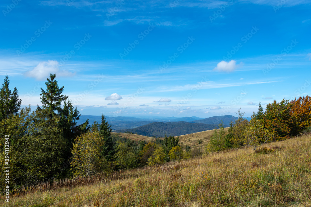 Beautiful mountain landscape, with blue sky, on a sunny day. The Carpathians.