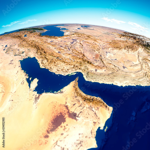 Strait of Hormuz. Map of the Middle East, Persian Gulf and Indian Ocean connecting across the Strait of Hormuz. Satellite view of Iran, United Arab Emirates, Qatar, Bahrain and Oman, 3d render