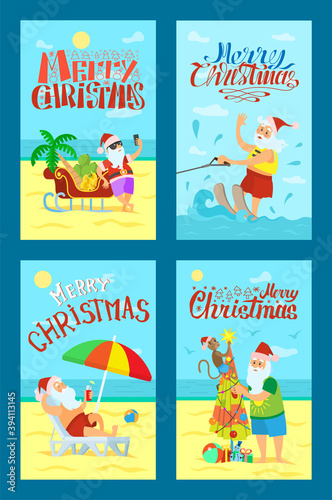 Merry Christmas, Santa Claus and monkey decorating umbrella topped by star. New Year in hot countries diving on water skies, sleigh with fruits, vector