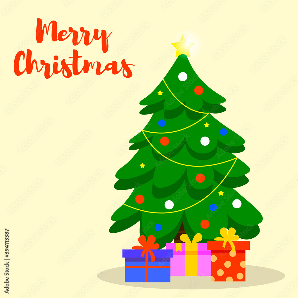 Naklejka premium Christmas illustration with a decorated fir tree, toys and lettering. Happy New Year and Christmas. illustration in a flat style.
