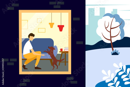 Man playing with a dog in an interior. Illustration of half house and street. Winter vector illustration in flat style.