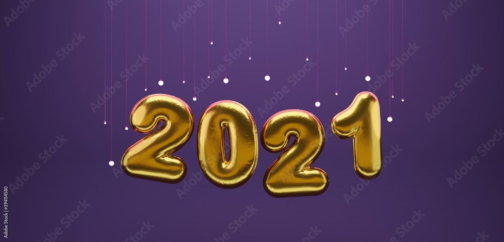3D rendering new year celebration card golden balloon letters 2021 with some glowing light bulbs on purple color background