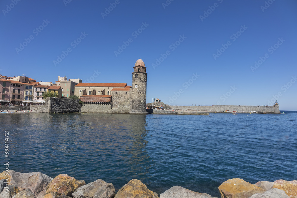 Church of Our Lady of the Angels (Eglise Notre Dame Des Anges, built between 1684 and 1691) on the shores of the Mediterranean Sea. Collioure Pyrenees-Orientales, France. Church of Our Lady of the Angels (Eglise Notre Dame Des Anges, built between 1684 and 1691) on the shores of the Mediterranean Sea. Collioure Pyrenees-Orientales, France.