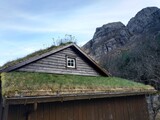 View on the old viking style Norwegian buildings and houses near Byrkjedal, Norway