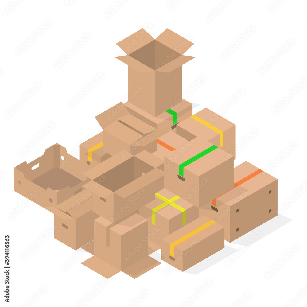 Bunch of 3D cardboard boxes, vector illustration.