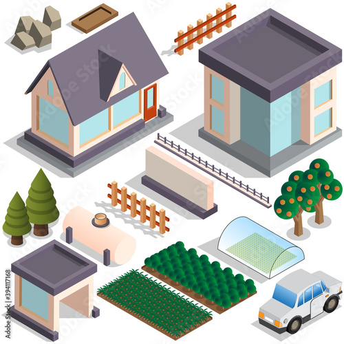 A set of elemets for a private house. Isolated on white background. Isometric. Vector illustration.