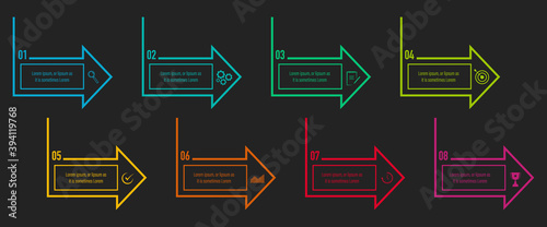 Infographics design vector and business icons with 8 options in neon outline arrow design for presentation and web site