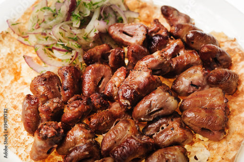 Close-up studio shot of restaurant food.