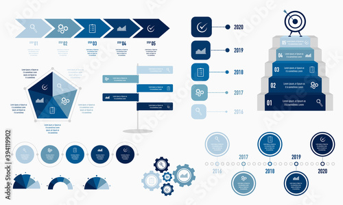 Collection of vector timeline infographic templates for presentations, advertising, layouts, annual reports. 5 options, steps, parts, performance review.