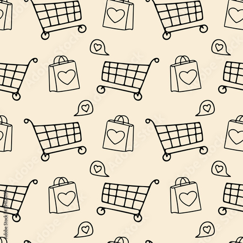 bags and shopping carts with hearts seamless pattern. sale background, wrapping paper, label, banner. sketch hand drawn doodle. vector monochrome minimalism.
