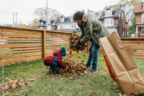 Father and son yard clean-up