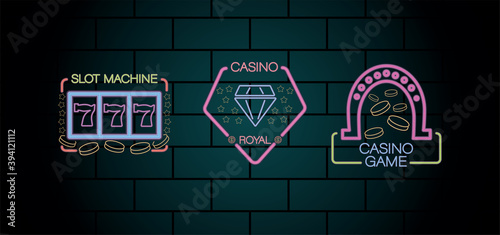 three casino neon lights labels in wall