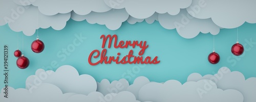 3d Render. Merry Christmas holiday design, clouds on blue sky background for banner, paper cut out art style