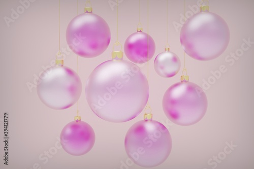 3d render, Realistic pink Christmas balls isolated on pink background.