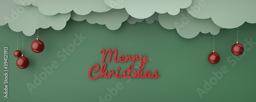 3d Render. Merry Christmas holiday design, clouds on green sky background for banner, paper cut out art style