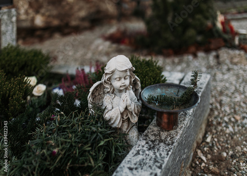 Serene cherub angel statue made with concrete praying on a grave decorated with flowers and plants photo