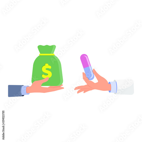 Hand with a tablet and a hand with a bag of money. Concept: selling a medicine, a lot of money for a medicine, paid treatment, a unique drug. Vector illustration, flat cartoon multicolored design.