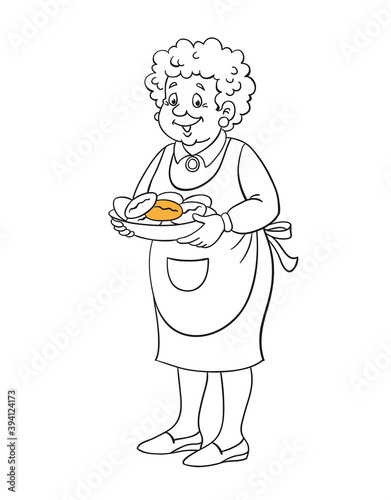 Cute grandmother stands with a plate of pies in her hands. Black and white picture with orange accent. In cartoon style. Isolated on white background. Vector illustration for coloring book.