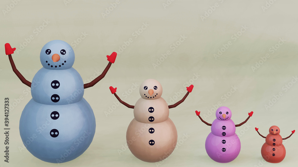 Illustration of a happy family of snowmen of different colors and sizes. 3D render. Characters for winter and holiday sites, banners, posters. Illustration of a happy family of snowmen of different colors and sizes. 3D render. Characters for winter and holiday sites, banners, posters.