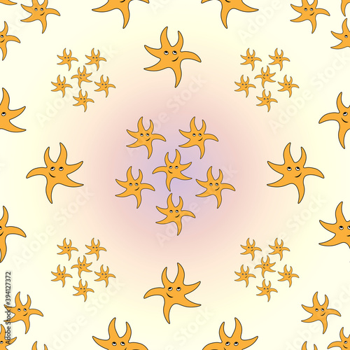 Dancing hand drawn starfish orange seamless pattern