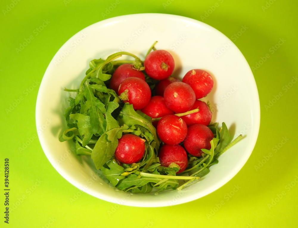Radish and arugula on a green background Radish and arugula on a green background