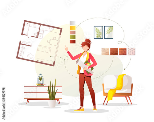 Professional designer with apartment plan, furniture and interior elements. Home furnishing, interior design studio concept. Vector illustration for banner, presentation, advertising, poster.