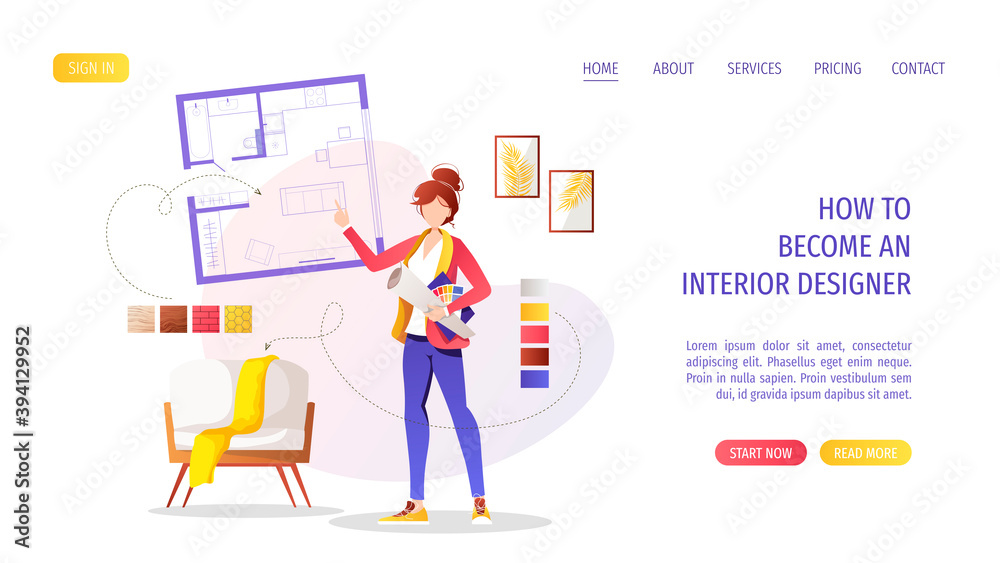Professional designer with apartment plan, furniture and interior elements. Home furnishing, interior design studio concept. Vector illustration for banner, presentation, advertising, poster, website. Professional designer with apartment plan, furniture and interior elements. Home furnishing, interior design studio concept. Vector illustration for banner, presentation, advertising, poster, website.
