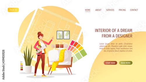 Professional designer with apartment plan, furniture and interior elements. Home furnishing, interior design studio concept. Vector illustration for banner, presentation, advertising, poster, website.