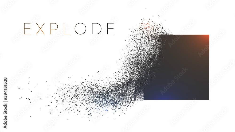 Square explosion with abstract burst. Vector particles of black shape broken debris. 3d square energy background. Futuristic cube geometric illustration. Vector explosion cloud with mist.