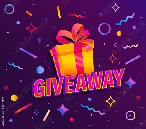 Giveaway banner,Win poster with giftbox with prize to winner on background with abstract geometric shapes.Template design for social media posts,web banners.Offer reward in contest,vector illustration