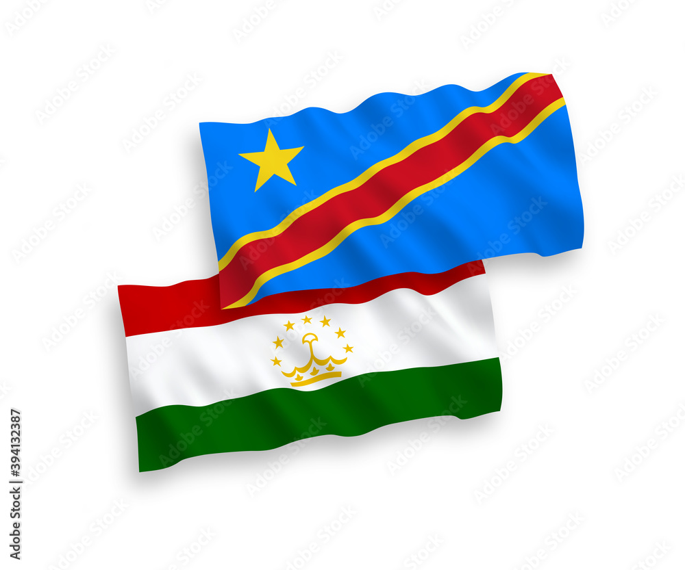 National vector fabric wave flags of Tajikistan and Democratic Republic of the Congo isolated on white background. 1 to 2 proportion. National vector fabric wave flags of Tajikistan and Democratic Republic of the Congo isolated on white background. 1 to 2 proportion.