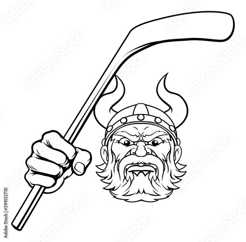 A viking hockey sports mascot cartoon character holding a stick