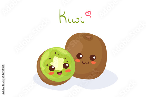 Kawaii vector illustration of Kiwi characters - whole & sliced. Healthy exotic food characters isolated on white background with lettering. Use for children menu, print, smoothie, juice package.