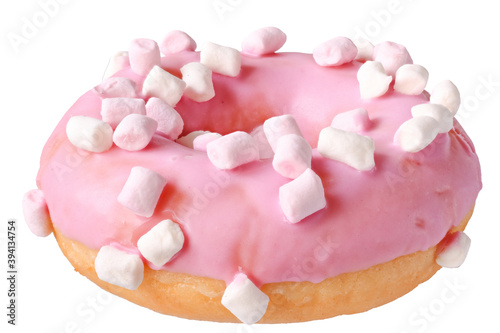 Strawberry donut covered with pink icing Isolated