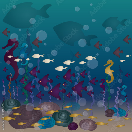 Seabed with fish, rocks and algae. Scalars, seahorses and small schools of fish swim in the one direction