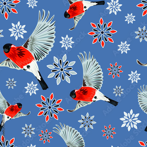 Winter pattern with snowflakes with bullfinches