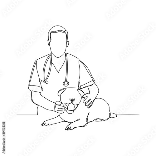 Continuous line drawing of young male veterinarian examining and take care of a sick dog. One line art concept of et health care service. Vector illustration