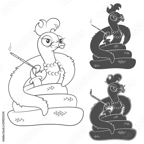 Illustration with a cartoon snake with a cigarette in a mouthpiece and a fur cape. Set of black and white vector isolated objects on a white background.
