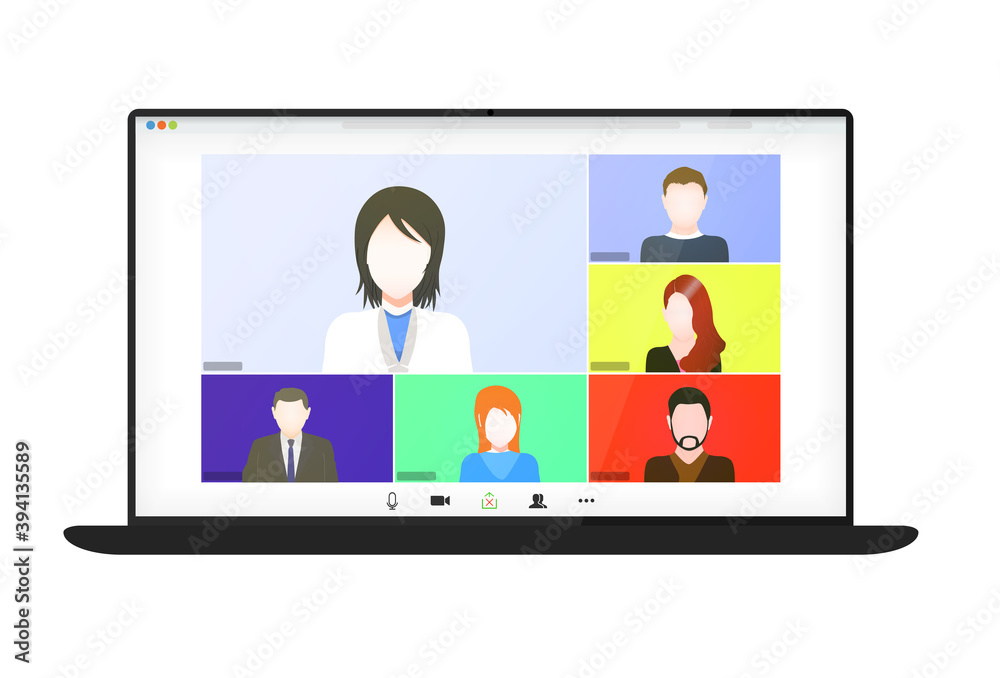 Video conference on the laptop screen. Beautiful avatars for profiles. Illustrations flat design concept video conference. online meeting work form home. Home education, distance learning. Vector