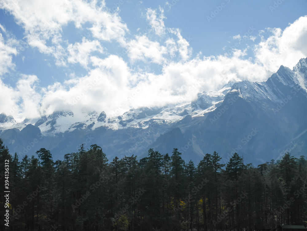 Snow covered mountain peaks at Jade Dragon Snow Mountain