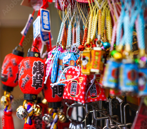 Photography Collection of colorful souvenirs hanged at a shop in Tokyo, Japan