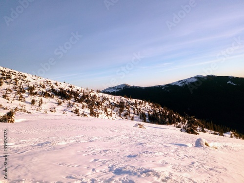 winter landscape in the mountains at dawn