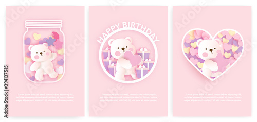 Set of baby shower cards and birthday cards with cute bear .