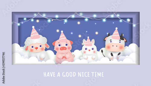 baby shower cards with cute animals party in the sky .paper cut style.
