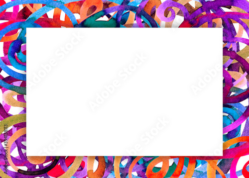Bright abstract watercolor frame with colored swirls with white triangle for text in the center