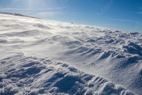 Closeup of frozen snow in heavy winter. details.