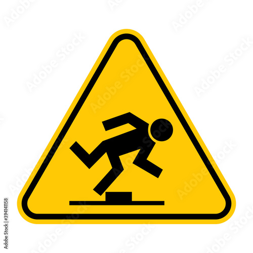 Tripping hazard warning sign. Vector illustration of yellow triangle sign with stumbling man icon inside. Caution risk of falling symbol isolated on white background. Watch your step.