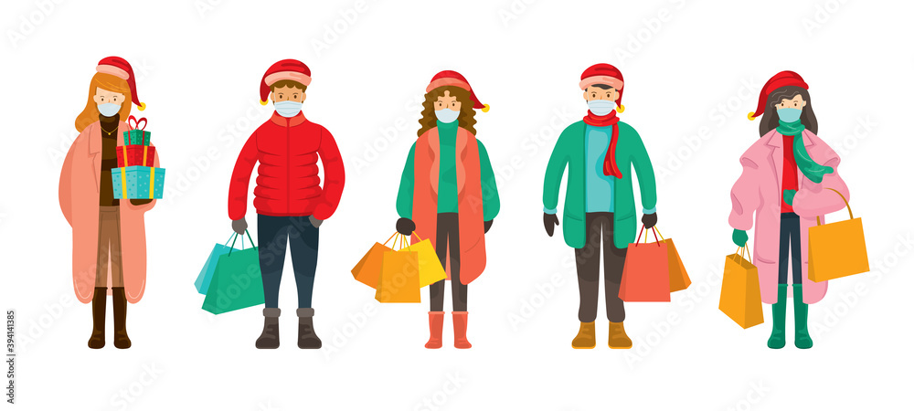 People in Winter Clothes wearing Face Mask, Christmas Shopping Concept People in Winter Clothes wearing Face Mask, Christmas Shopping Concept