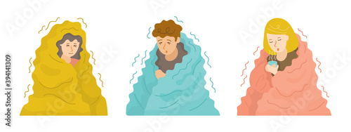 Tablou canvas People Shivering under Blanket Set in Cold Weather and Winter Season